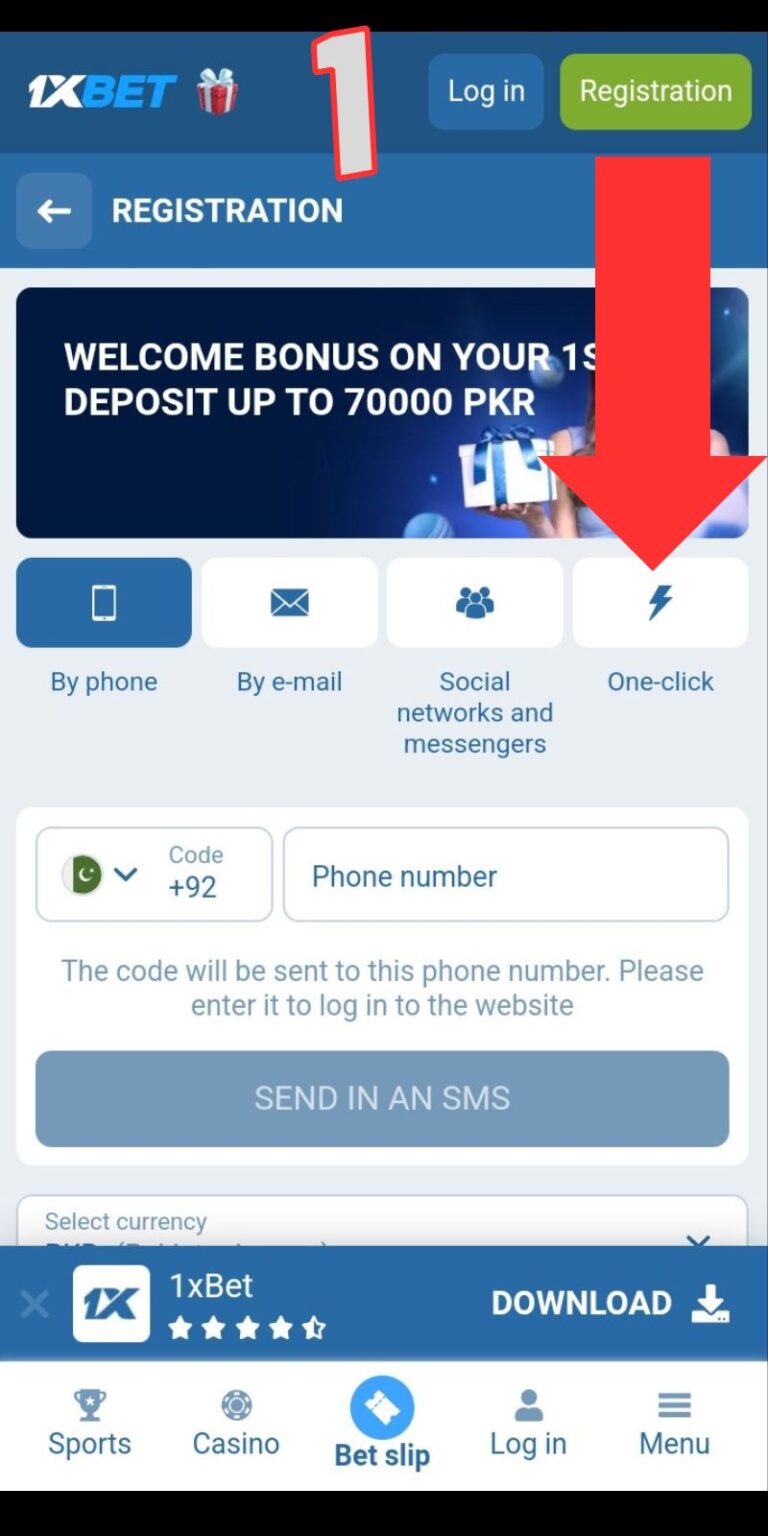 1xBet one click registration option on signup page