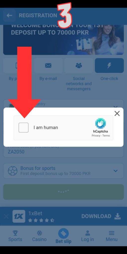 1xBet promo code field during account registration