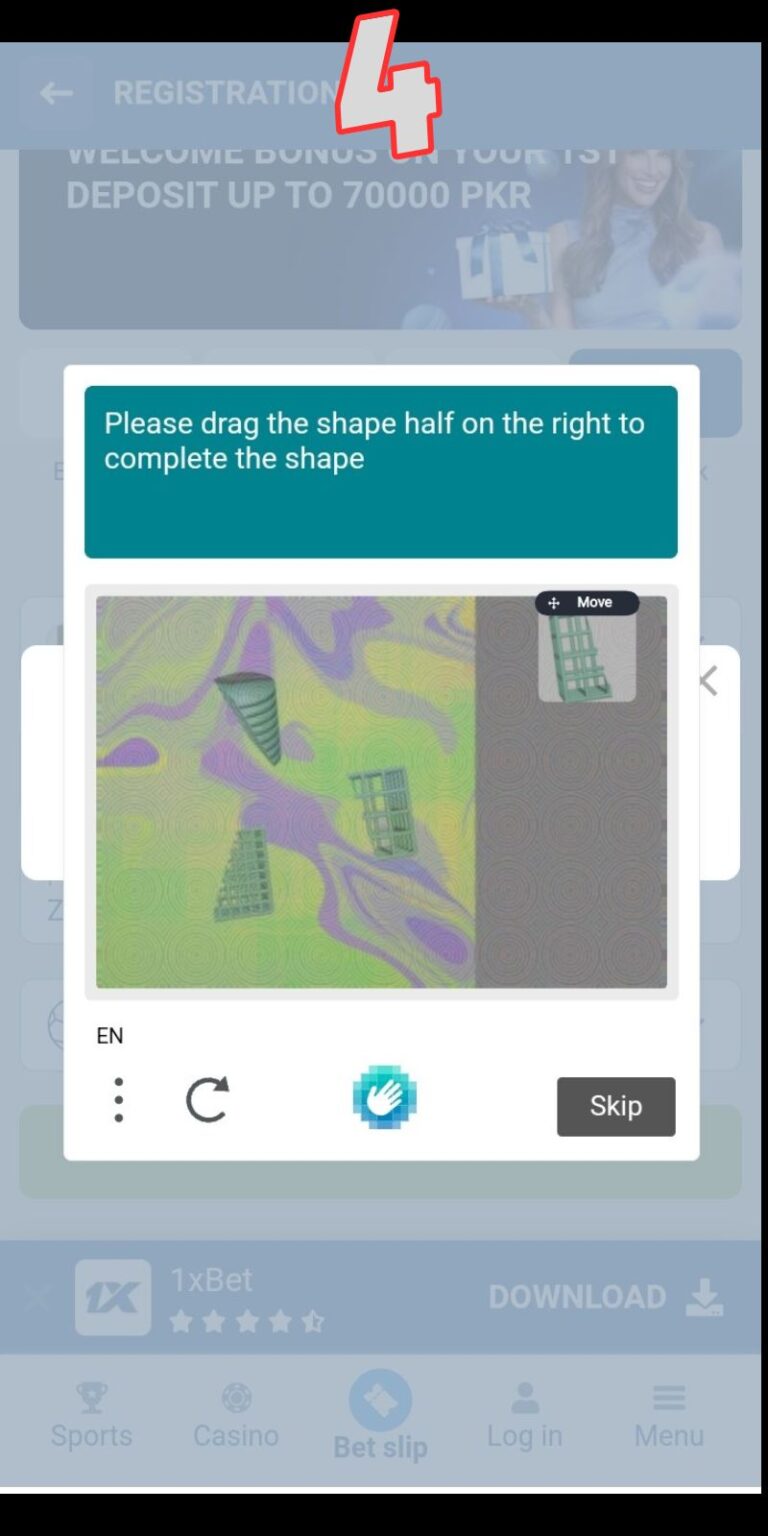 1xBet captcha verification during account creation