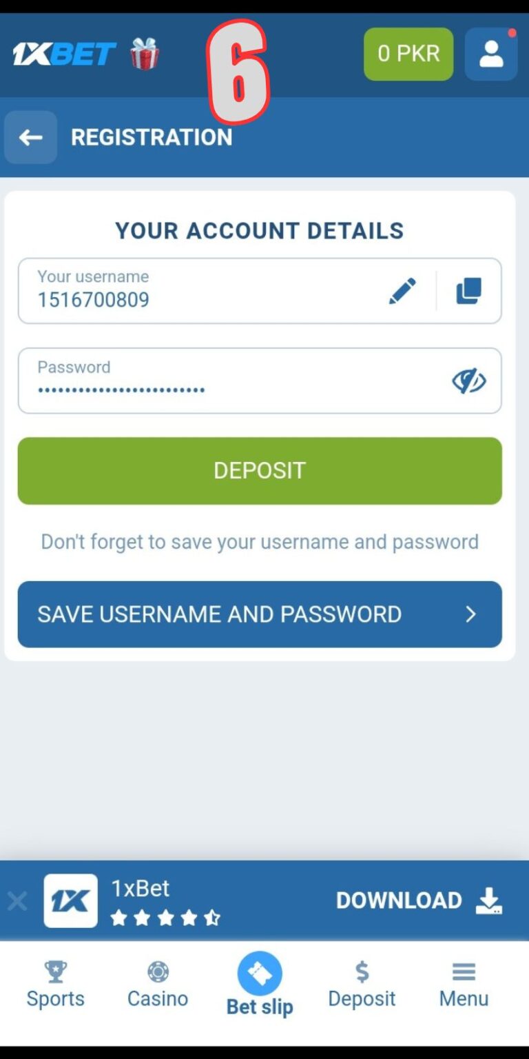 1xBet account username and password details screen
